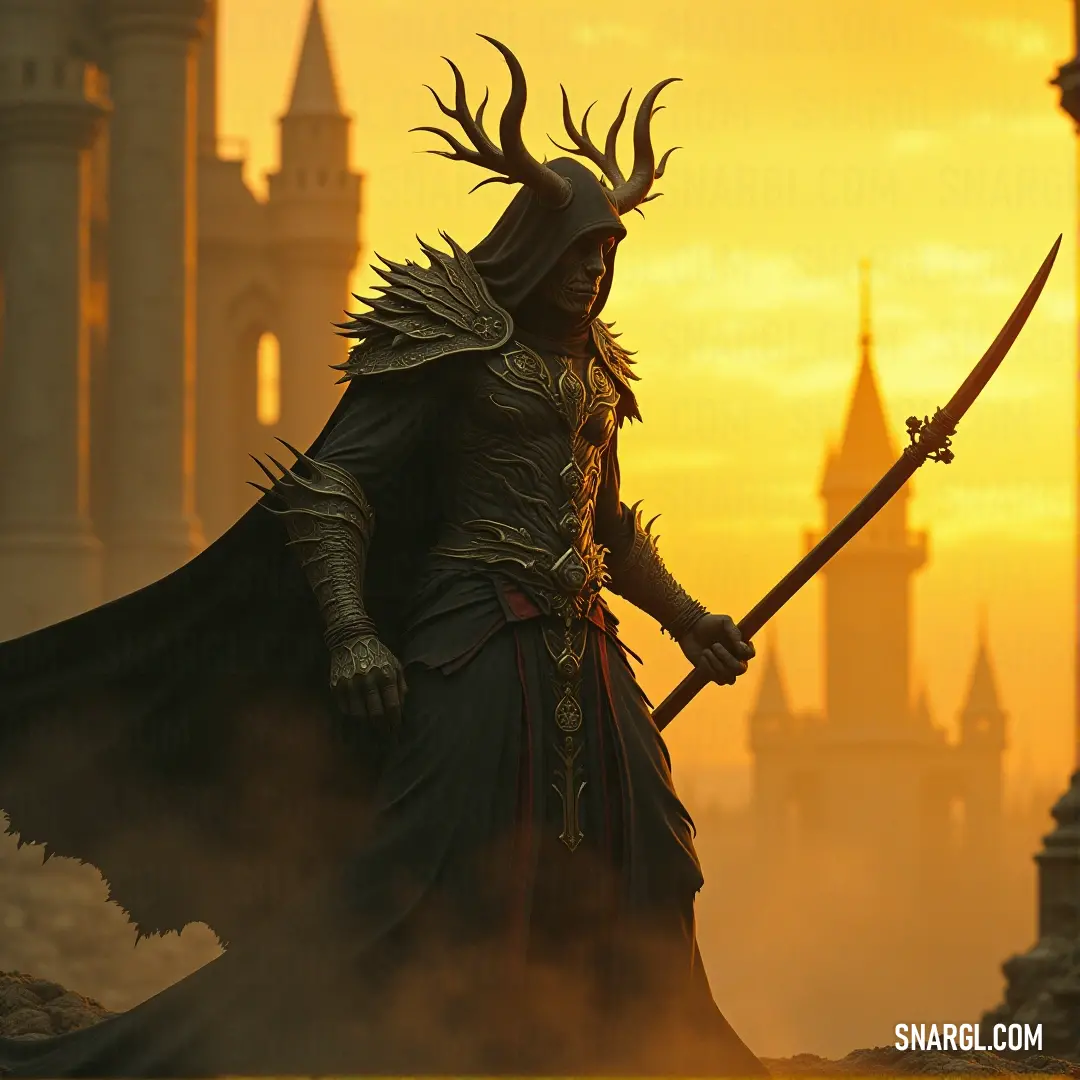 A formidable figure in dark attire wields a sword, poised in front of a majestic castle. The scene captures drama and intensity, with intricate details highlighting the combination of strength and setting in a legendary atmosphere.