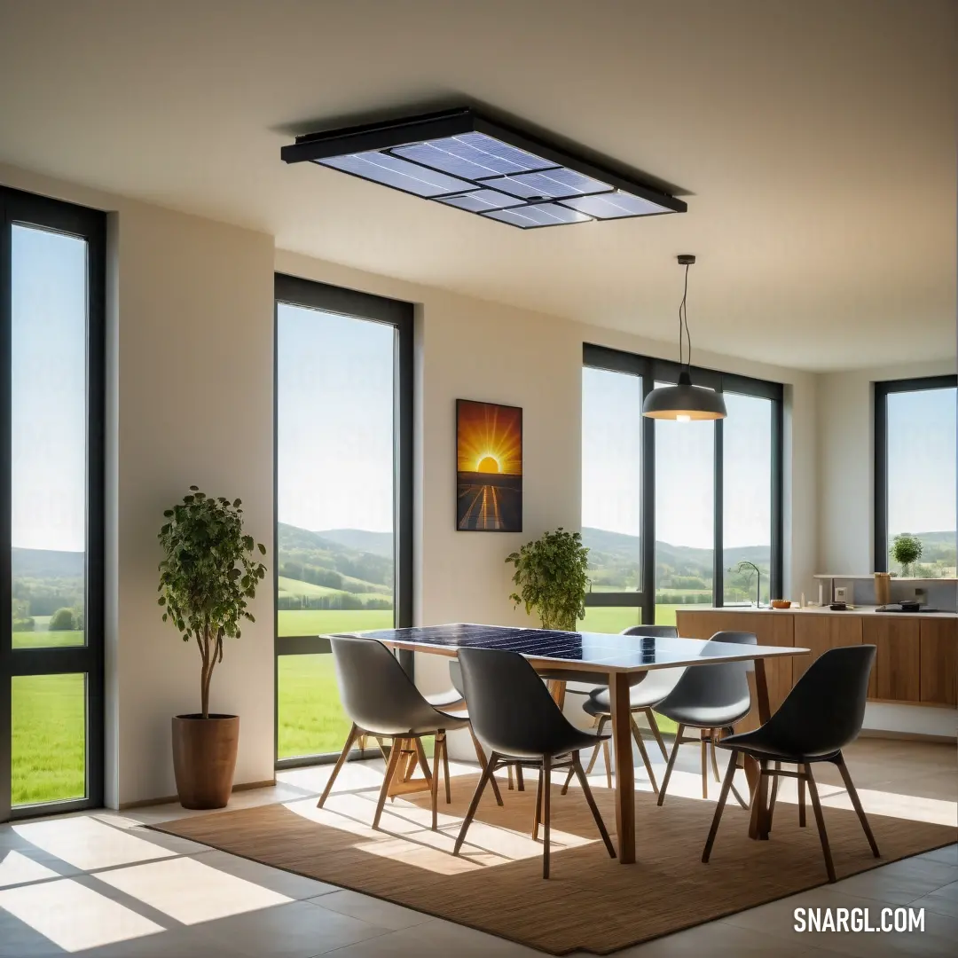 A beautifully styled dining room boasting a large window that frames a mesmerizing view of the countryside. The room features a rustic table accompanied by comfortable chairs, all bathed in the warm glow of sunlight pouring through the window, enhancing t