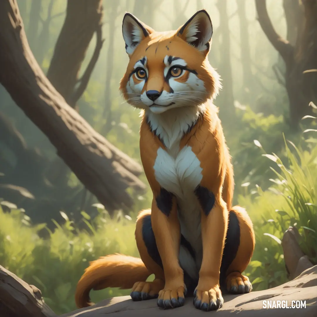 A charming fox perches on a rock amidst a lush forest, surrounded by vibrant trees and soft grass, embodying the essence of wildlife in its serene habitat, evoking peace and beauty.