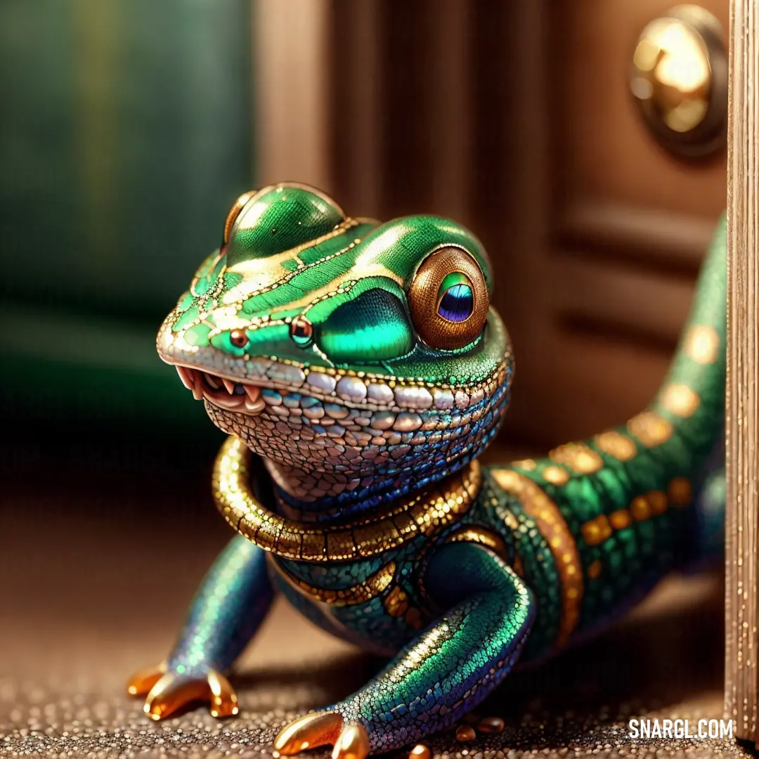 A vibrant green and gold lizard rests calmly on the floor beside a door, its colorful scales shimmering under the light. The soft yellowish hue of the surroundings highlights the unique #E7E36D color that complements the creature’s presence.