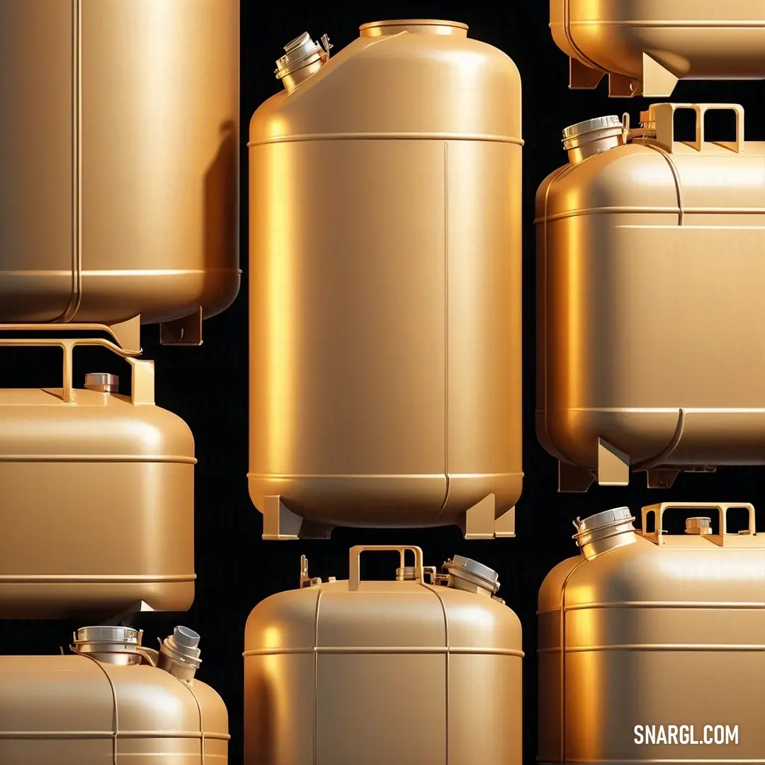 A collection of gold-colored gas tanks arranged closely together against a deep black background. The tanks' gleaming surfaces reflect light, creating a dramatic contrast with the dark backdrop. This is an example of CMYK 9,0,66,0 color.