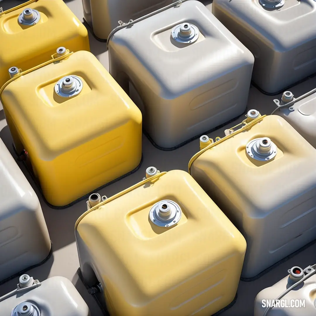 A variety of yellow and white gas cans placed together on a table. The cans are neatly arranged, and the vibrant yellow color of the gas cans is paired with the crisp white, offering a lively and fresh appearance. This showcases PANTONE 386 color.