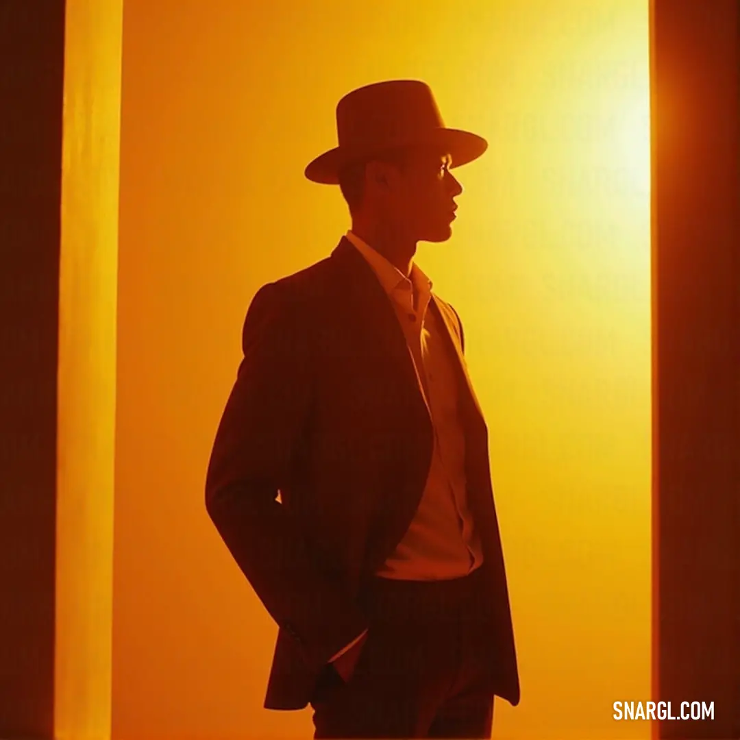 A stylish man dressed in a tailored suit and a classic hat stands confidently against a vibrant yellow background, exuding charisma and elegance. His pose suggests readiness and charm, drawing attention to the boldness of the color interplay.