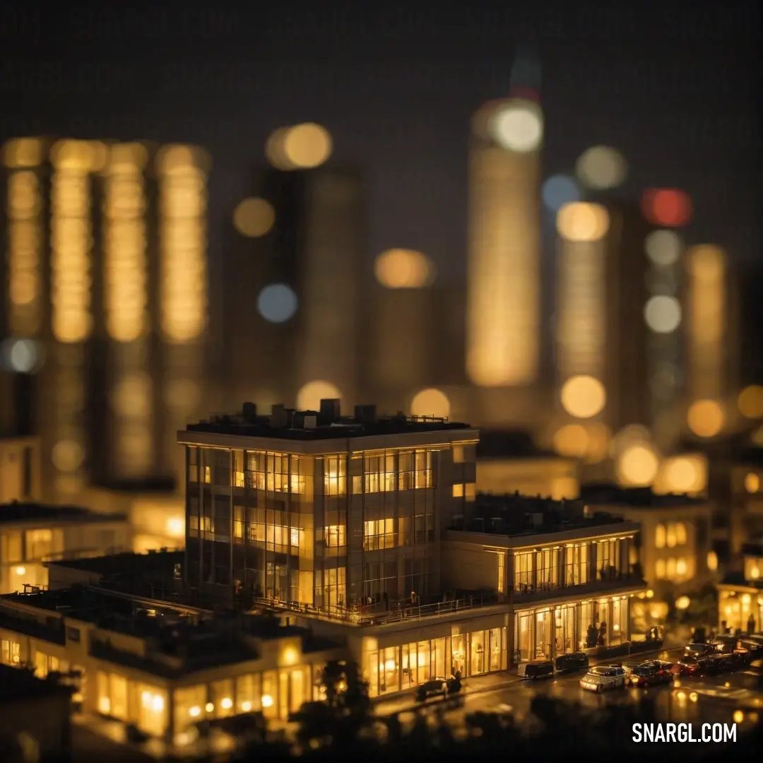 A stunning model building illuminated against the night sky, nestled within a dynamic cityscape of soaring skyscrapers. The building reflects the lively RGB 231,227,109 color, radiating warmth amidst the urban core.