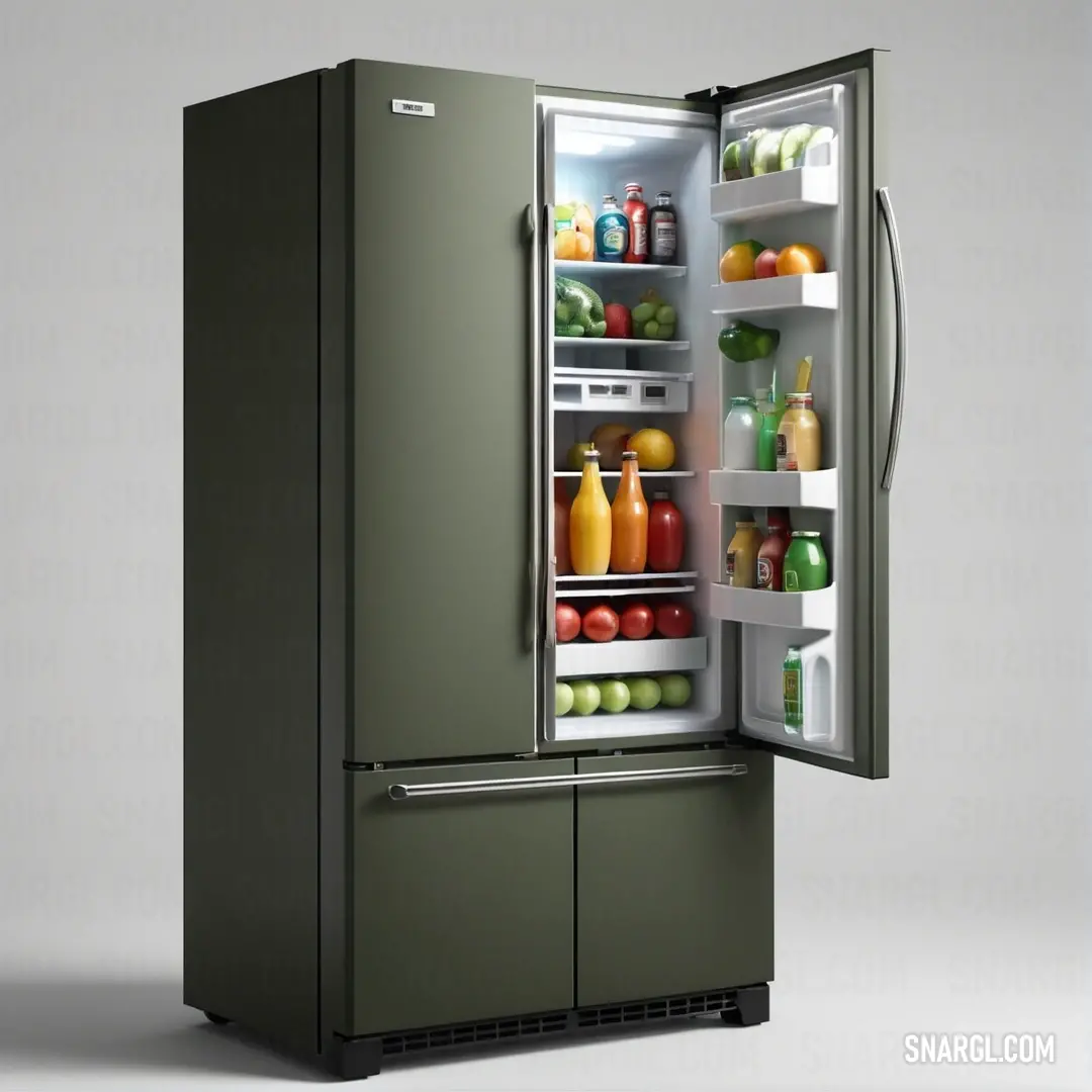 A refrigerator with its door wide open, revealing its shelves filled with various food items neatly organized in a side-by-side configuration. The bright yellow hue of the fridge is an example of PANTONE 386 color, showcasing a lively and fresh tone.