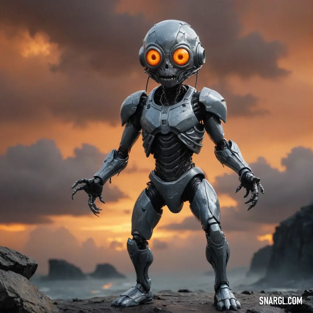 An imposing robot with glowing eyes stands majestically atop a rocky platform, silhouetted against a vibrant sunset sky. The warm hues of the setting sun contrast dramatically with the cool metallic sheen of the robot, exuding an atmosphere of mystery and