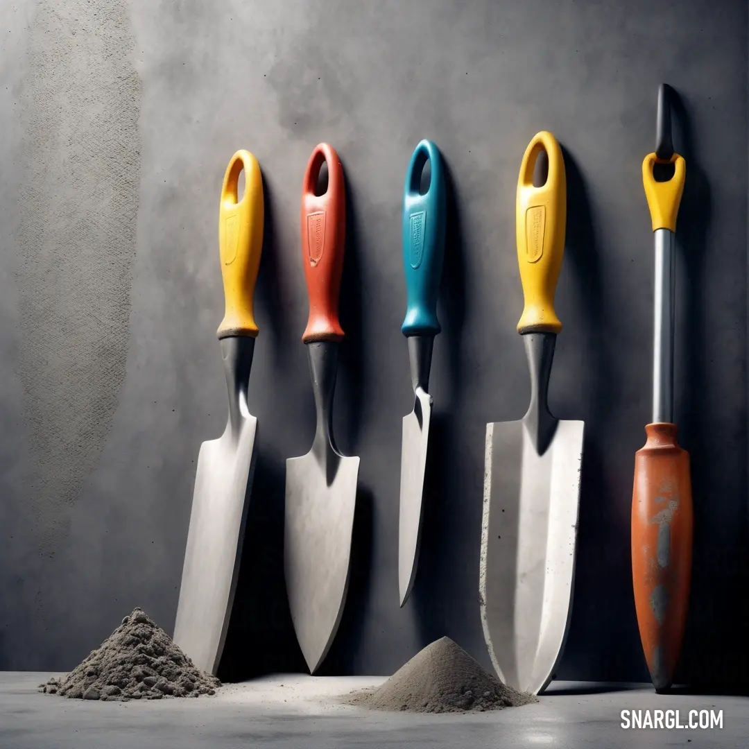 An array of colorful garden tools neatly arranged against a rugged cement wall, showcasing a spectrum of hues. This image exemplifies CMYK 9,0,66,0, bringing to life the spirit of gardening and the joy of creativity within nature.