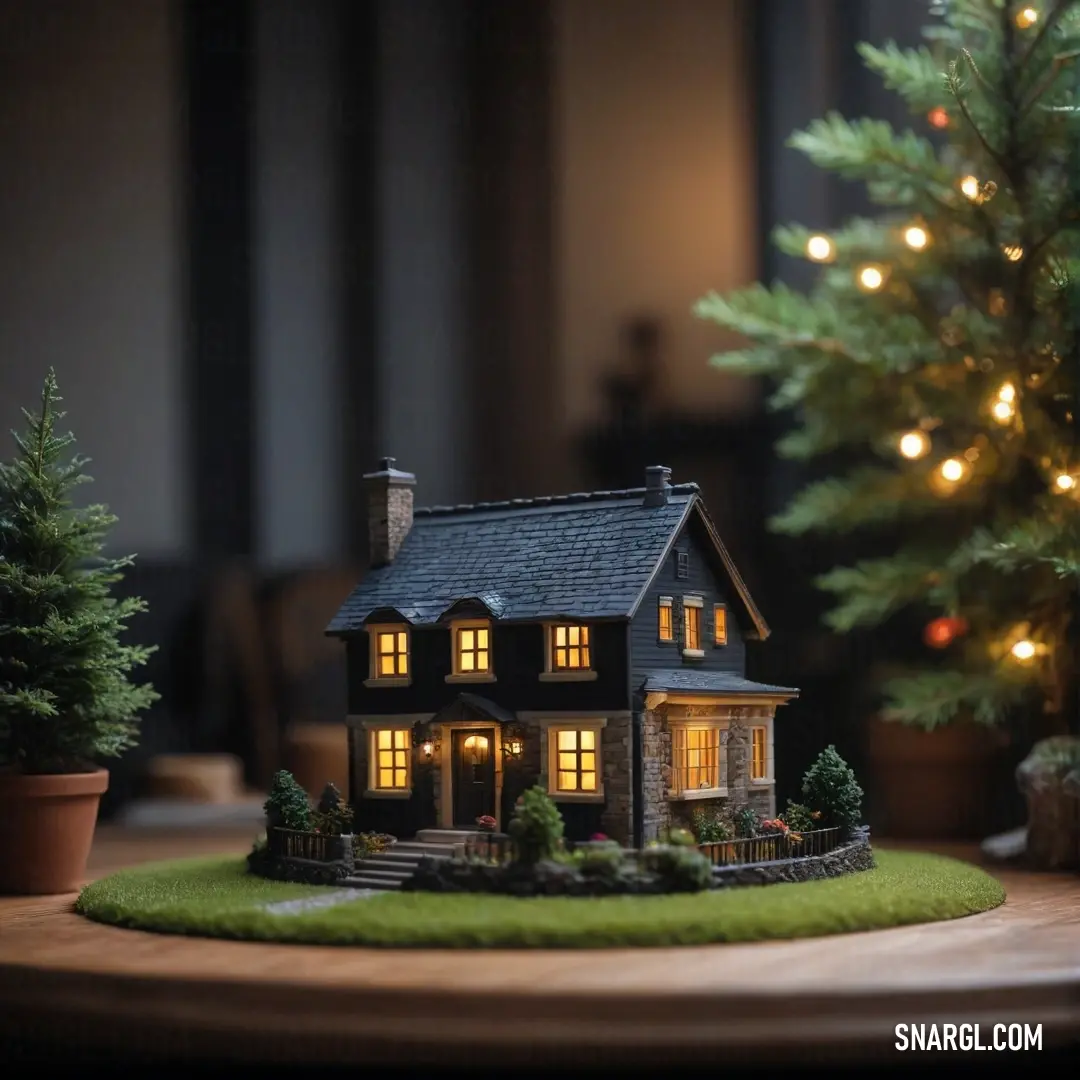 A charming small house adorned by a glowing Christmas tree, surrounded by festive decorations on a table nearby. This cozy holiday setting radiates joy, beautifully expressed in the bright shades of PANTONE 386.