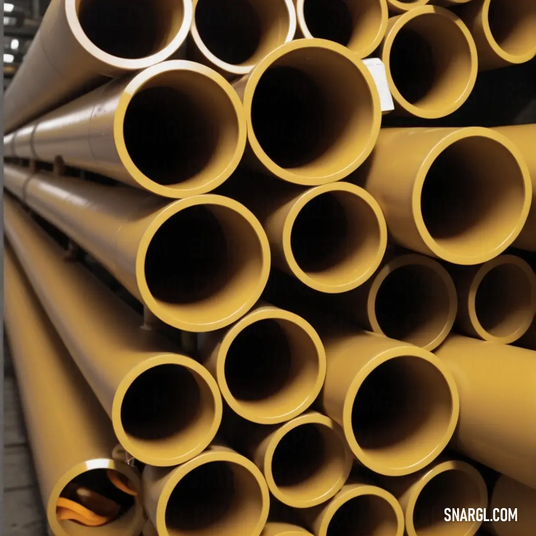 A striking display of yellow pipes, neatly stacked in a warehouse environment, showcases an organized chaos, highlighting the industrial design and vibrant color that adds energy to the space.