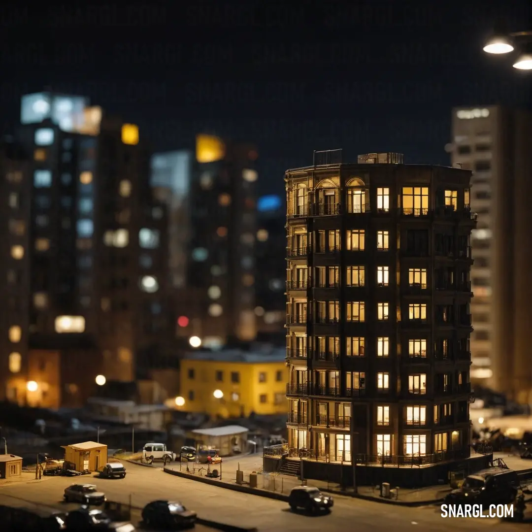 An impressive tall building glows with lights at night, its numerous windows illuminated against the dark sky, while parked cars reflect the nearby city's vibrant energy, demonstrating the striking CMYK 9,0,66,0 color palette.