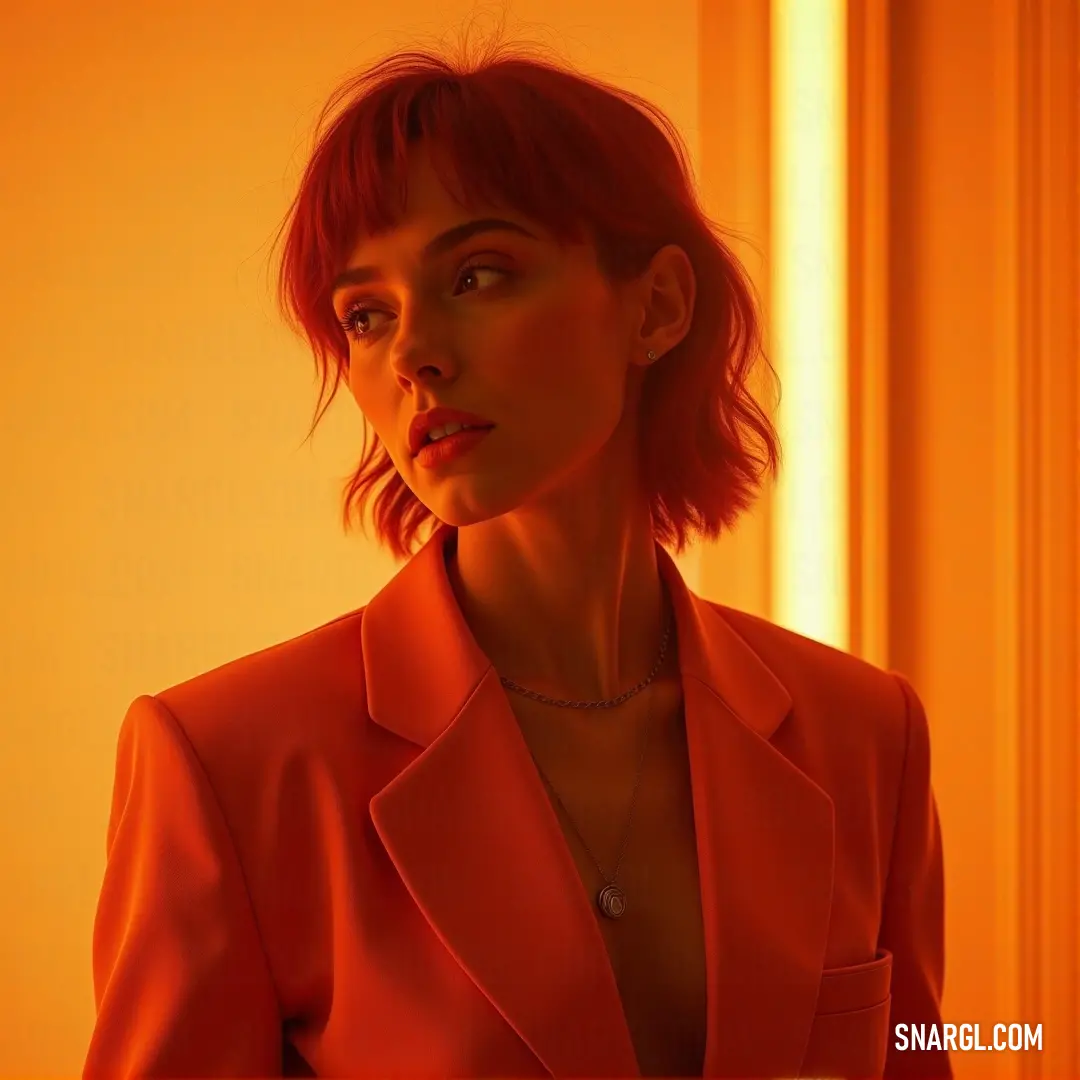 A determined woman in a striking red suit gazes directly at the viewer with a serious expression, her shoulders slightly raised. The light catches her features, emphasizing her poise and the vibrant hue of her outfit, creating a captivating focal point.