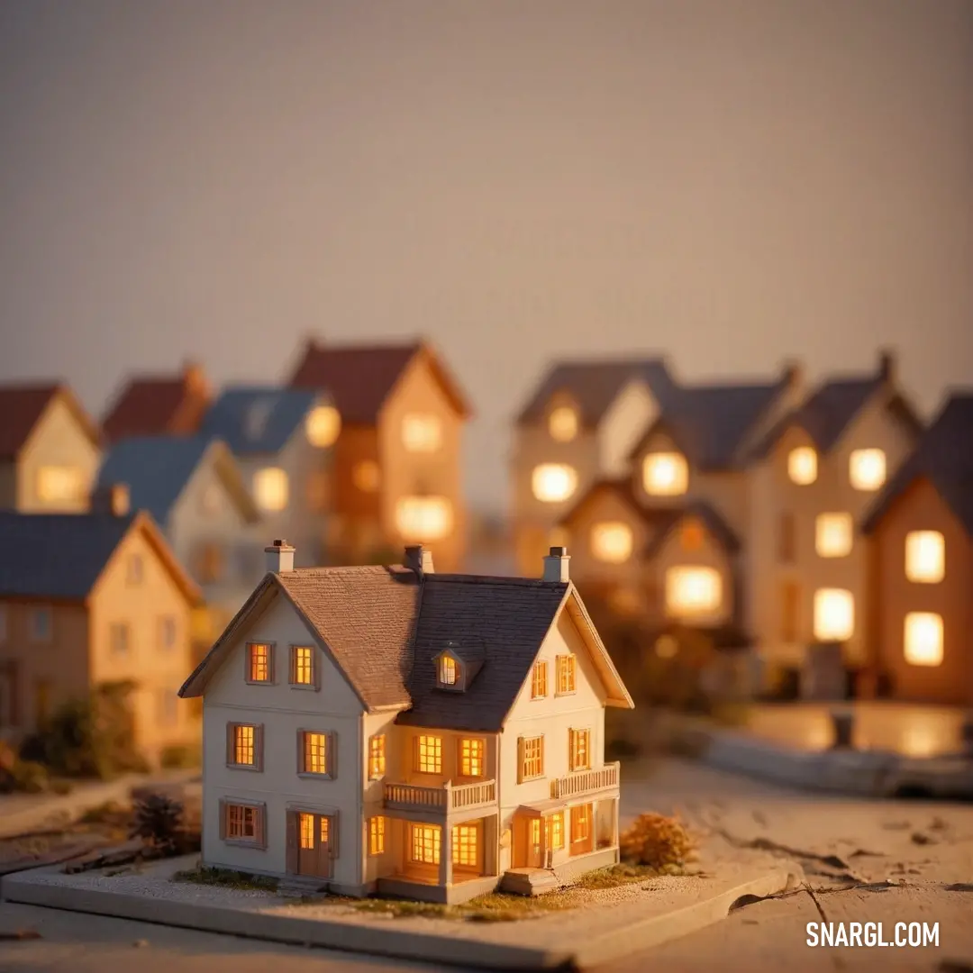 A picturesque scene of a small model house with a glowing window amidst a cluster of other houses. The inviting ambiance shines with the cheerful PANTONE 386 color, showcasing a sense of community and warmth.