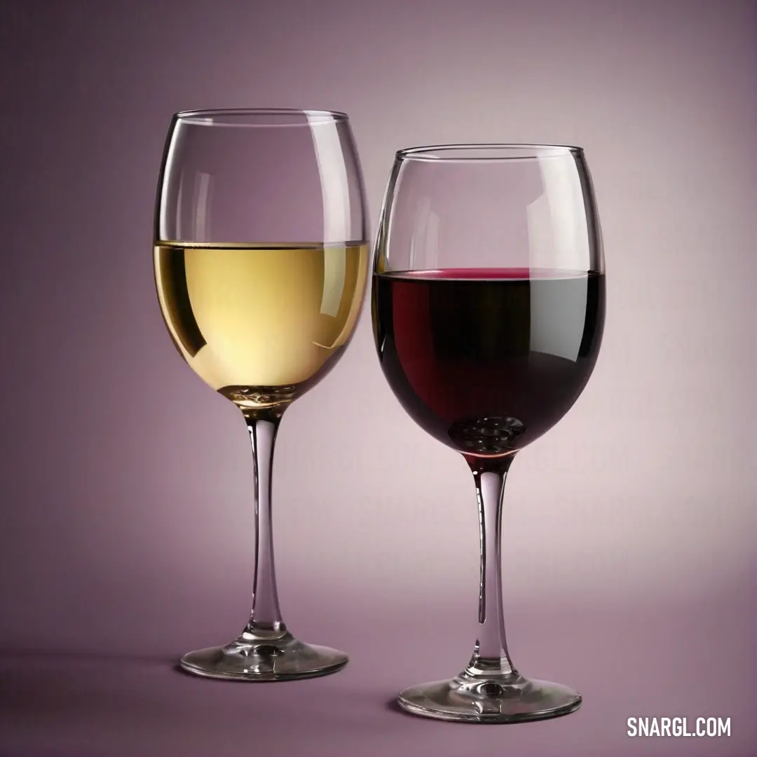 Two elegant glasses of wine sit side by side upon a dreamy purple background, inviting you to indulge in life's pleasures and the artistry of fine dining experiences.