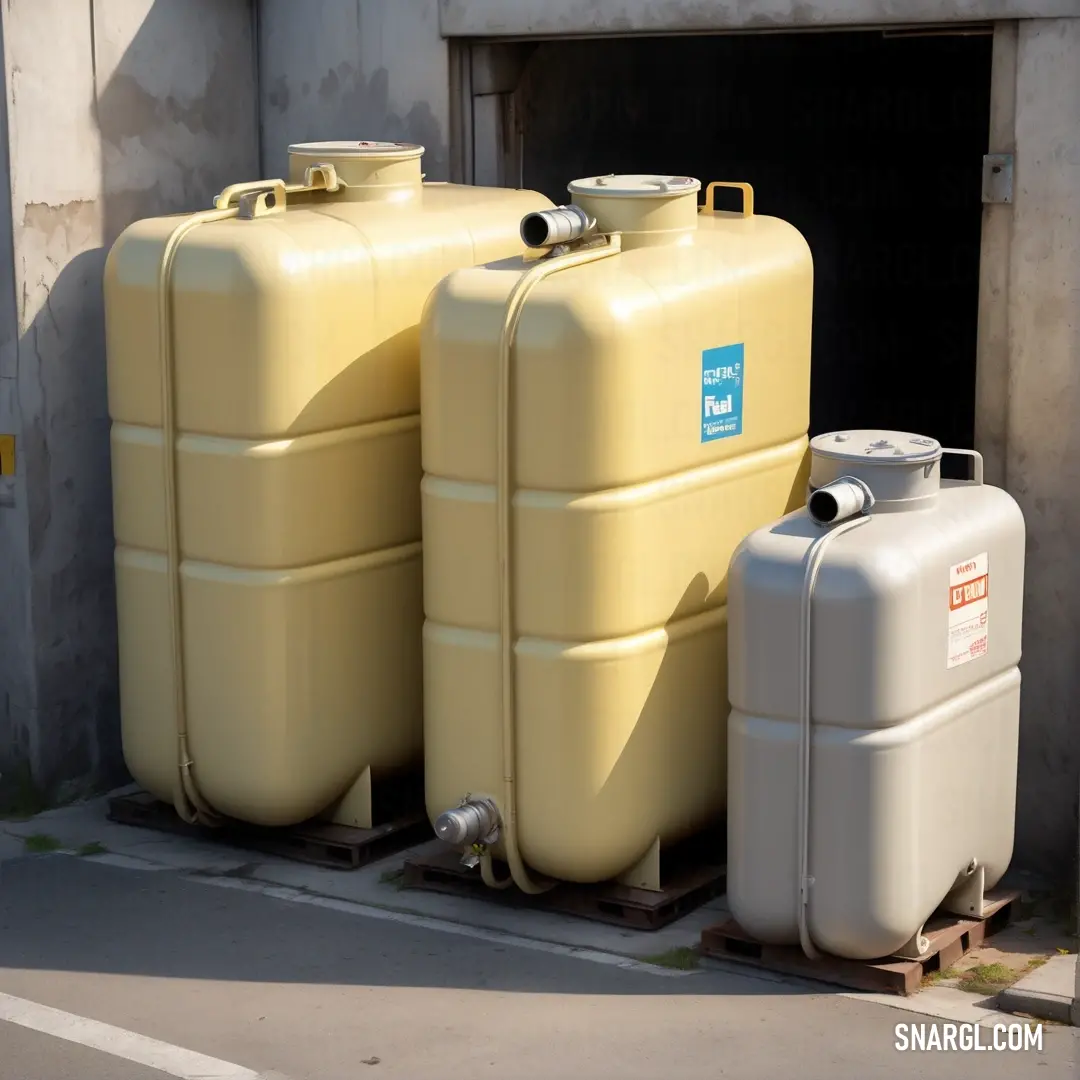 Two large yellow tanks positioned side by side at a street corner near a building, with a door in the background. The tanks are bright and eye-catching, perfectly demonstrating the bold PANTONE 386 color.