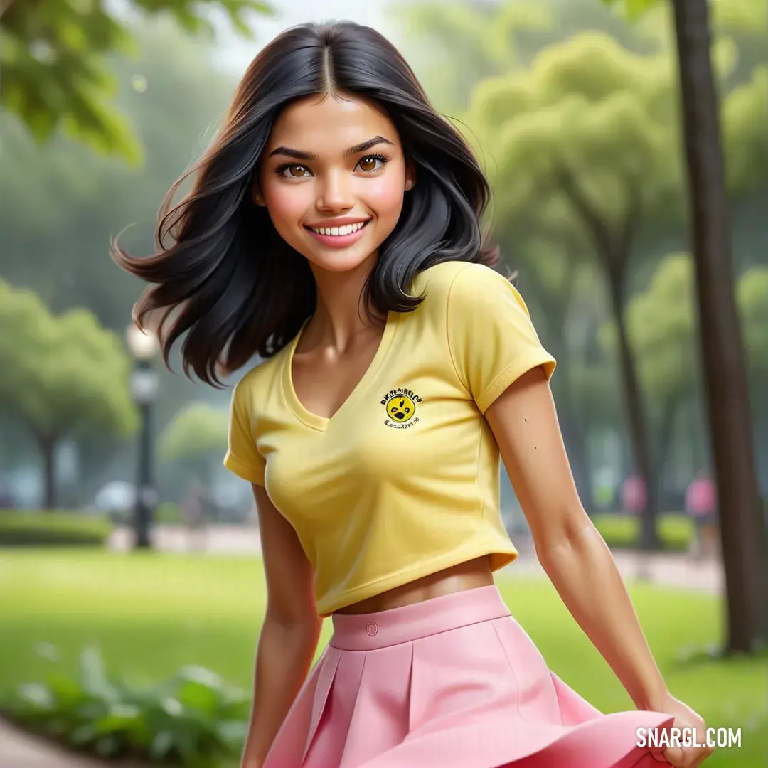 Woman in a yellow shirt and pink skirt is smiling at the camera while walking through a park with trees. Color CMYK 9,0,66,0.