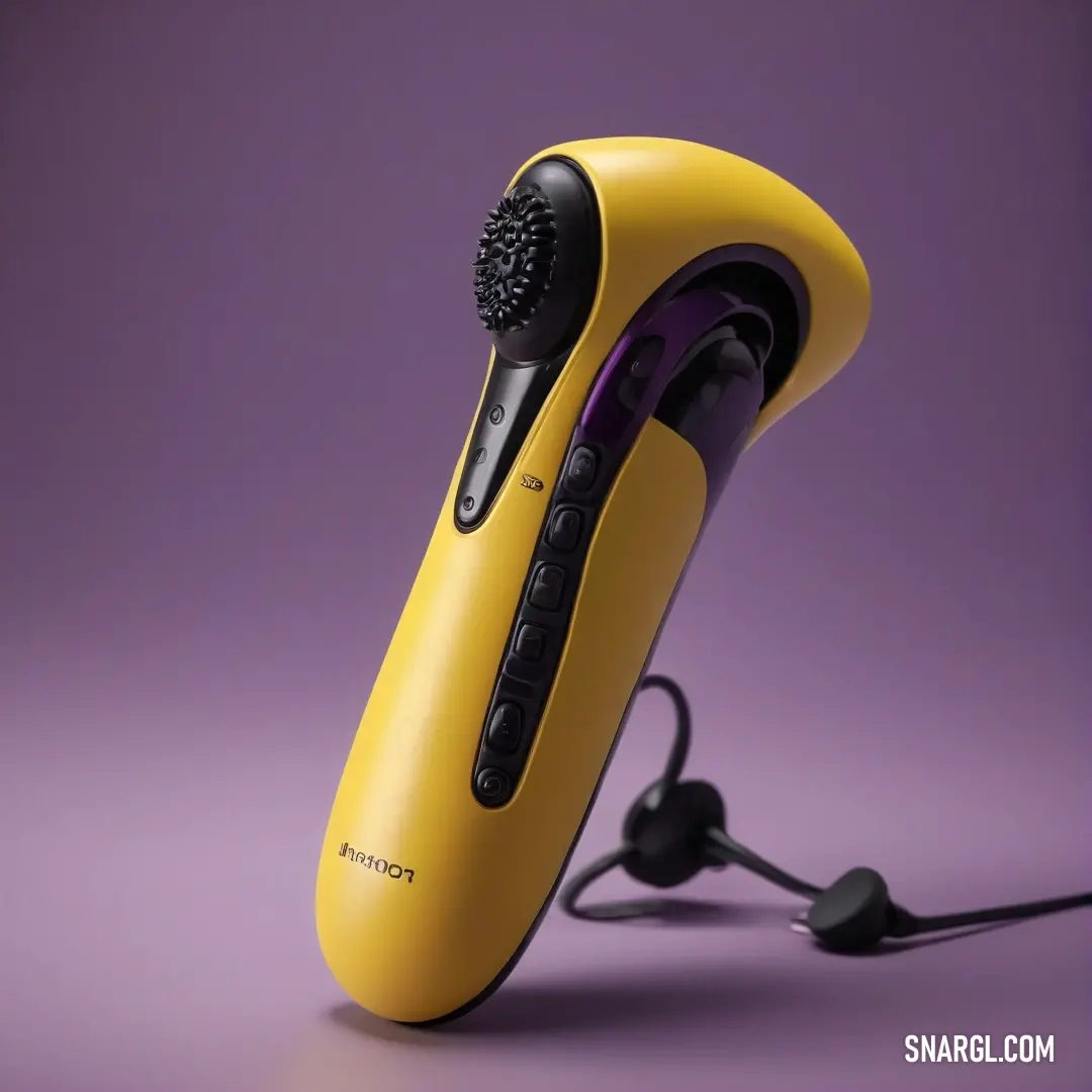 A stylish yellow and black hair dryer rests elegantly atop a rich purple surface, showcasing a blend of color and design that adds a modern touch to any styling space.