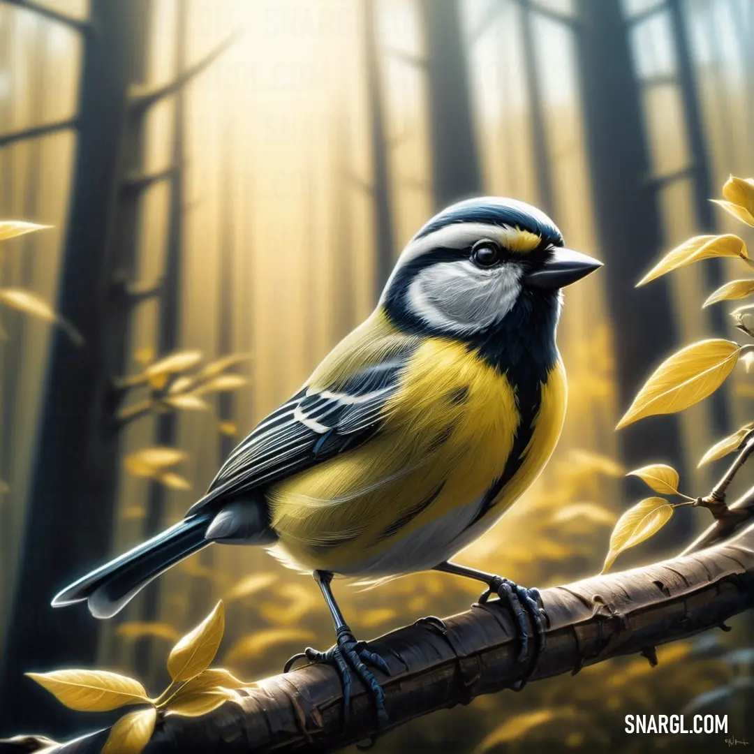 PANTONE 388 color example: Bird on a branch in a forest with yellow leaves and sunlight shining through the trees behind it