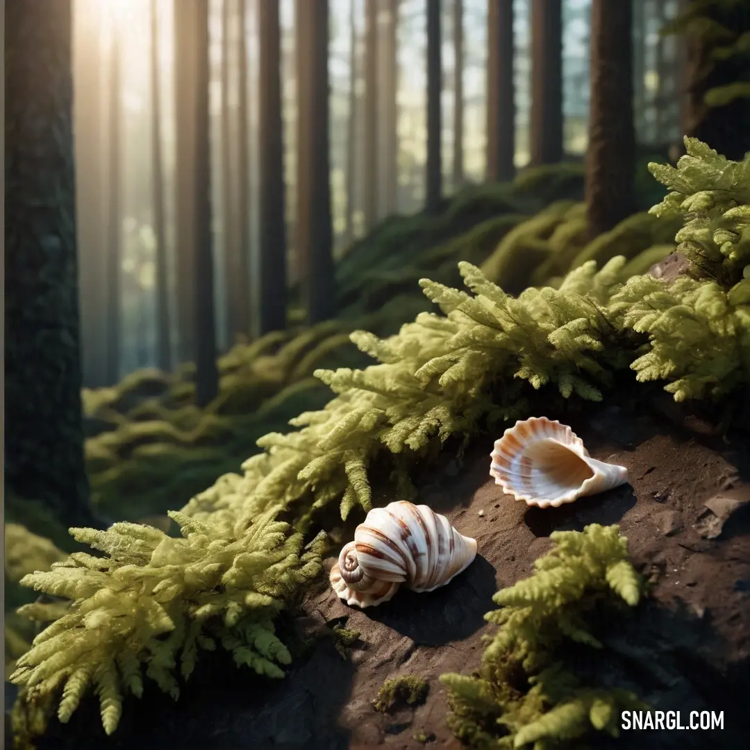 Couple of seashells are on a mossy log in the woods with sunlight shining through the trees. Color PANTONE 392.