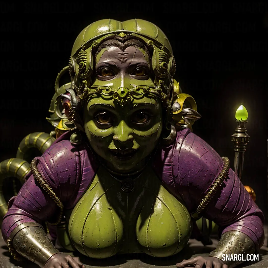 Statue of a woman with a candle in her hand and a green face and body with gold accents. Color #868118.