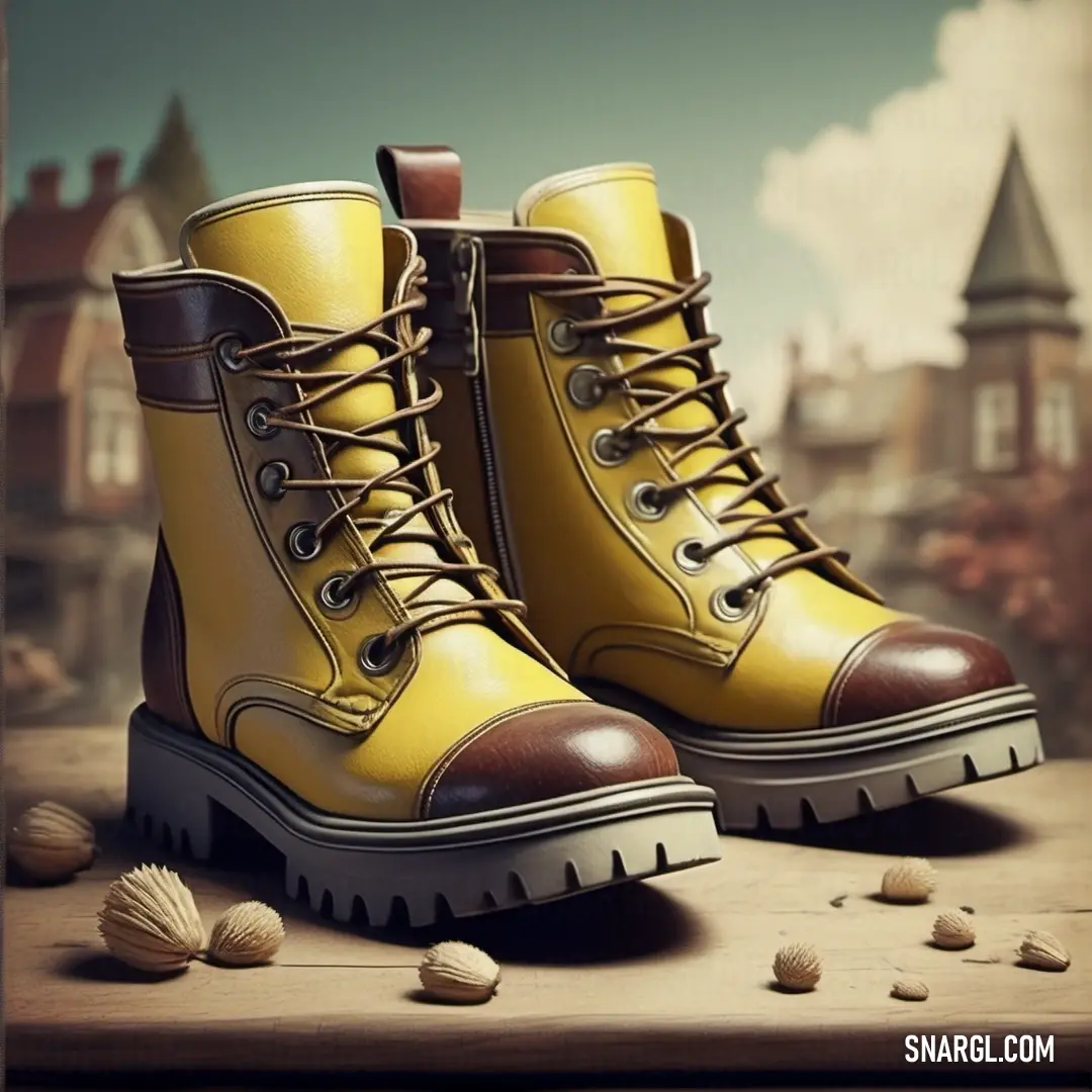 Pair of yellow boots on top of a wooden table next to shells and a building in the background. Color #F5E97B.
