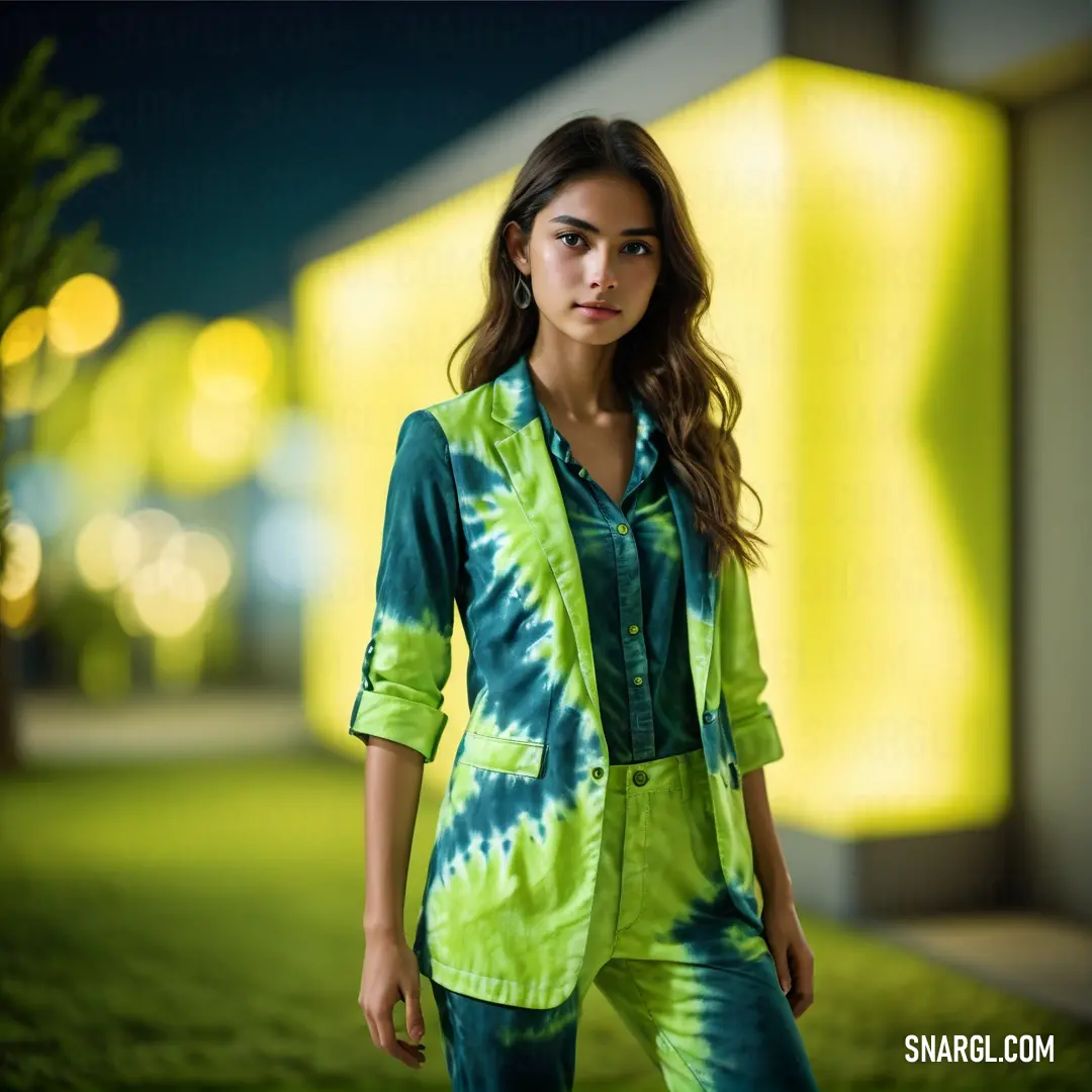 PANTONE 3935 color example: Woman in a tie - dyed shirt and pants standing in a grassy area at night with a building in the background