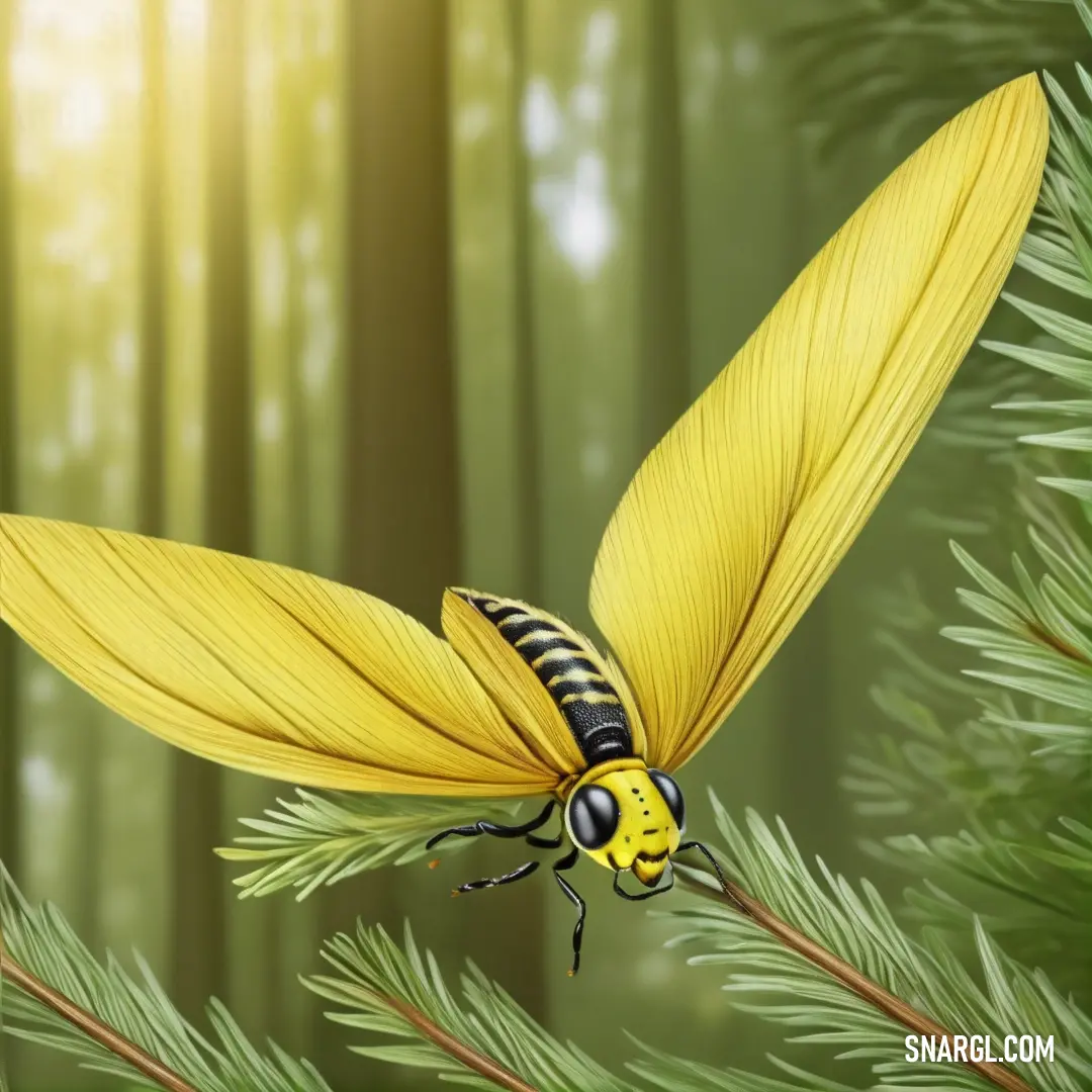 Yellow insect with black stripes on its wings is perched on a branch of a pine tree in a forest. Color #F5E97B.