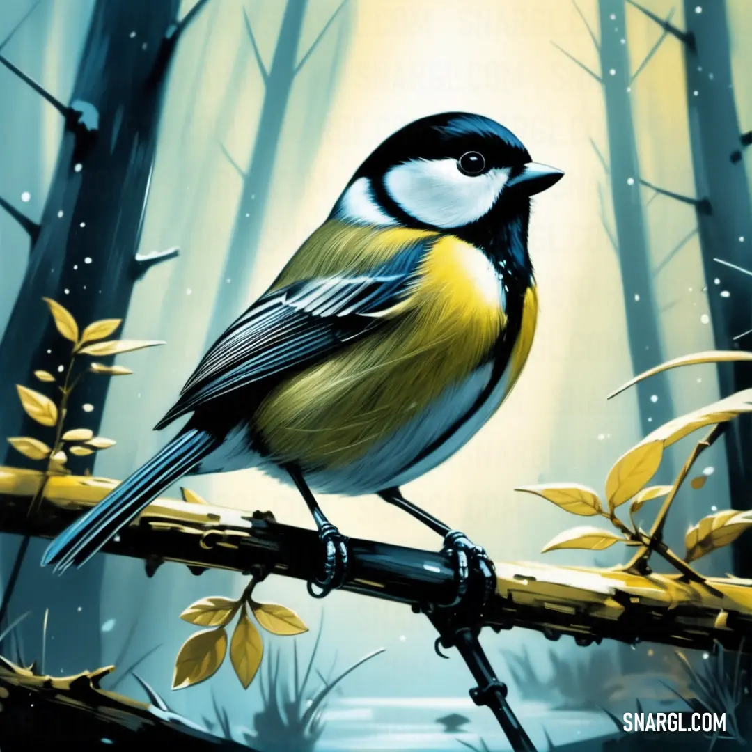 Bird on a branch in a forest with yellow leaves and a stream in the background. Example of RGB 244,228,44 color.