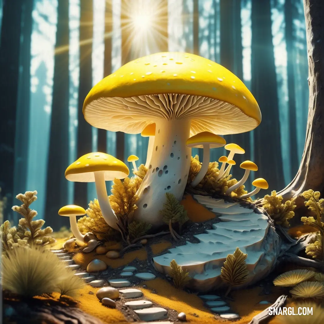 Group of mushrooms in a forest with sun shining through the trees and rocks on the ground. Color CMYK 3,0,90,0.