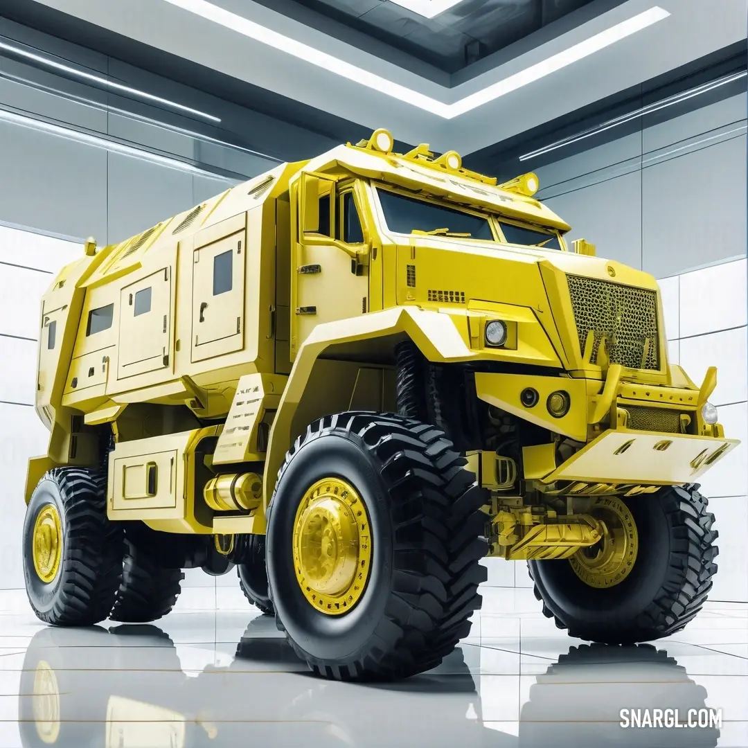 Large yellow truck is parked in a garage with a white wall behind it and a white floor and a white wall behind it