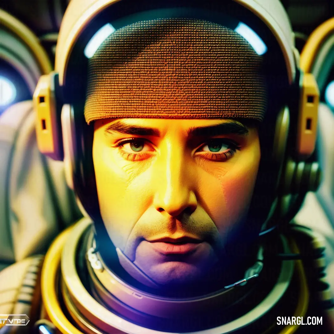 Man in a space suit with headphones on his head and a helmet on his head. Example of #F4E42C color.