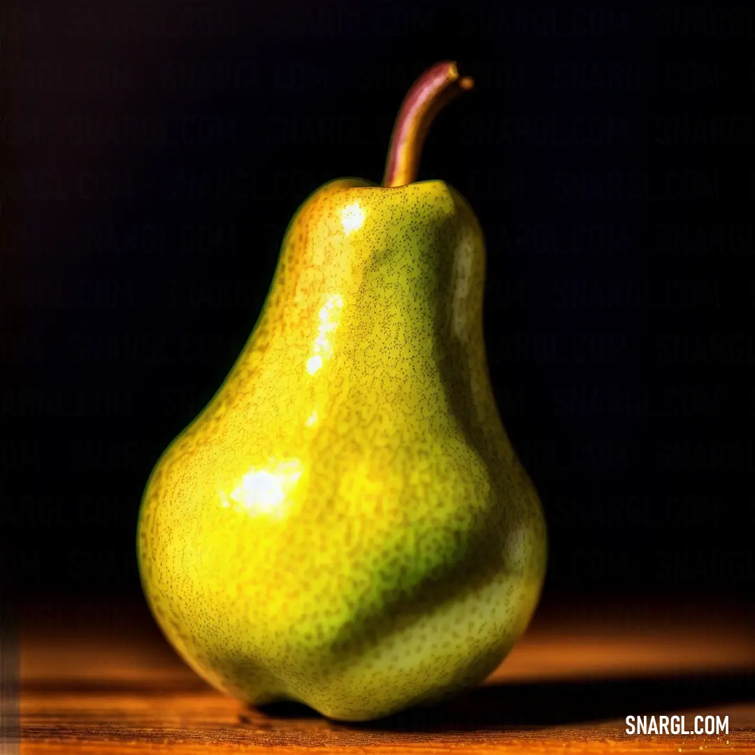 Pear on a wooden table with a dark background. Color #F4E42C.