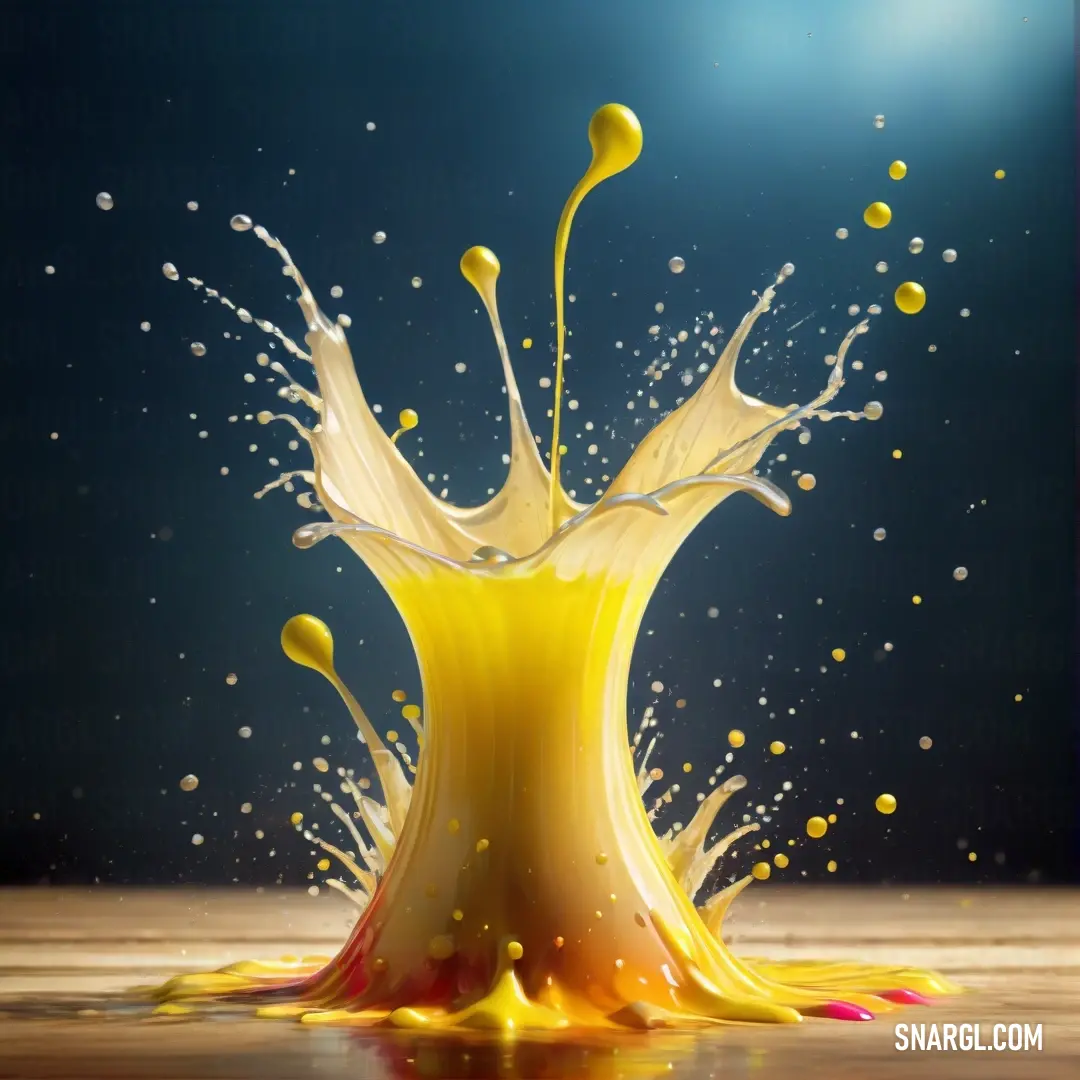 PANTONE 3945 color. Yellow liquid splashing into a wooden floor with a blue background