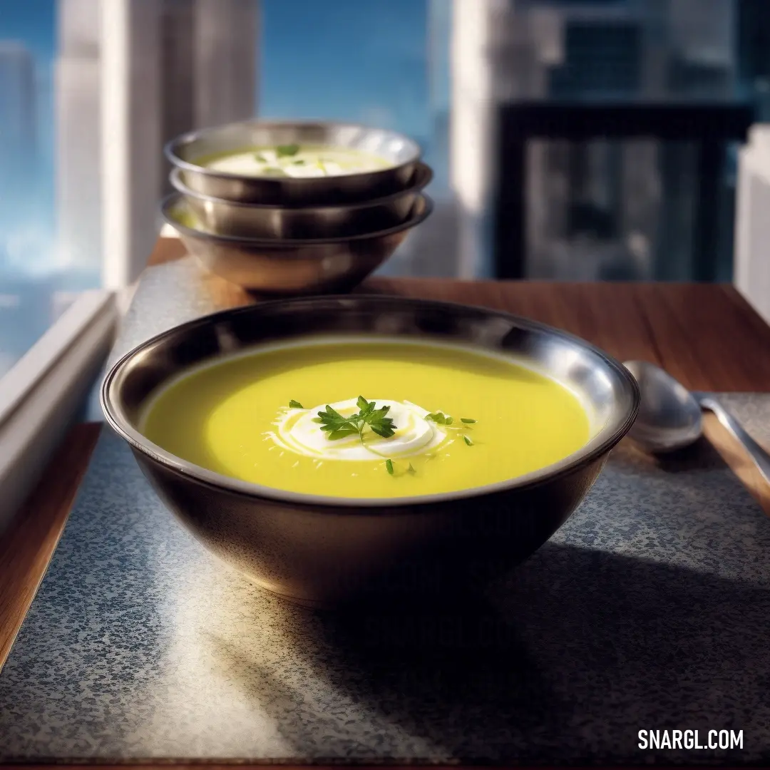Bowl of soup with a spoon and a spoon on a table in front of a window with a city view. Color CMYK 9,0,90,0.