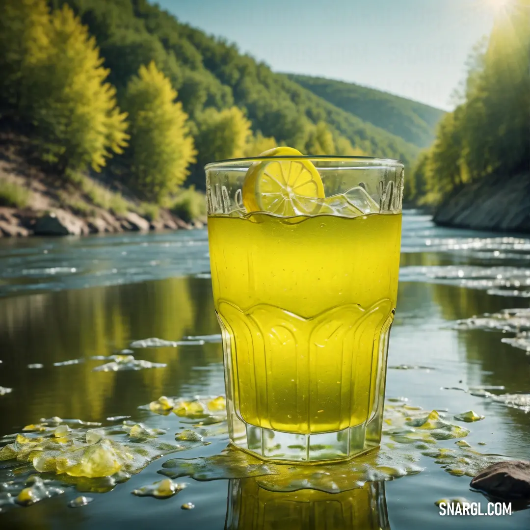 Glass of lemonade on a river bank with ice and water around it and a mountain in the background. Example of PANTONE 3955 color.