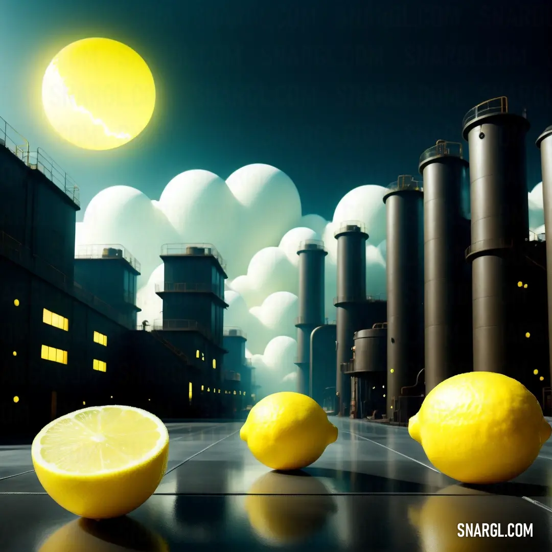 PANTONE 3955 color example: Group of lemons on top of a table next to a building and a sky with clouds