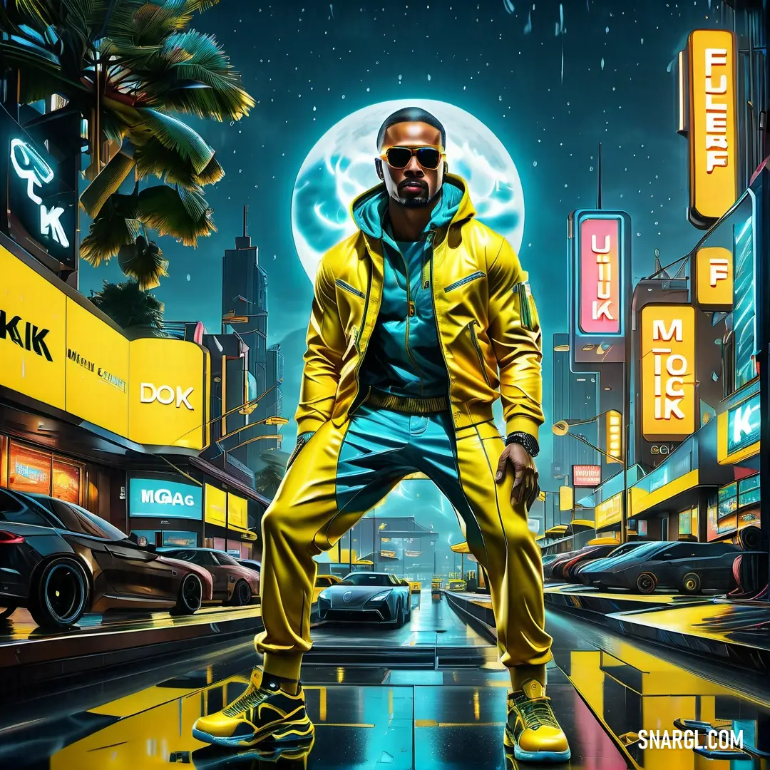 Man in a yellow jacket is skateboarding in the rain in a city at night time with neon signs. Color #F3E200.