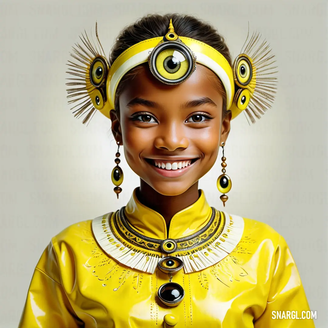 Painting of a young girl wearing a yellow outfit and a head piece with a pair of earrings on her head. Example of PANTONE 3955 color.