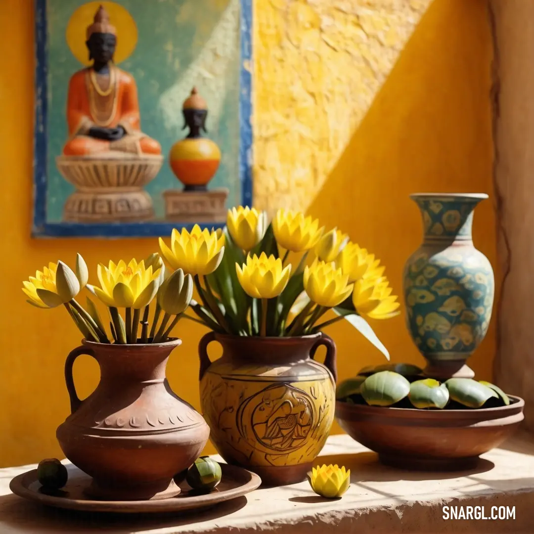 PANTONE 3955 color. Table topped with vases filled with yellow flowers and green eggs next to a buddha statue on a yellow wall