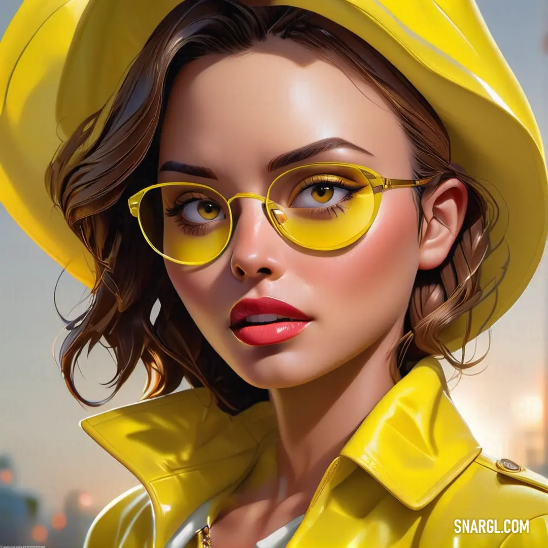 Woman wearing yellow glasses and a yellow hat and a yellow jacket and a yellow hat and a yellow jacket. Example of CMYK 4,0,100,0 color.