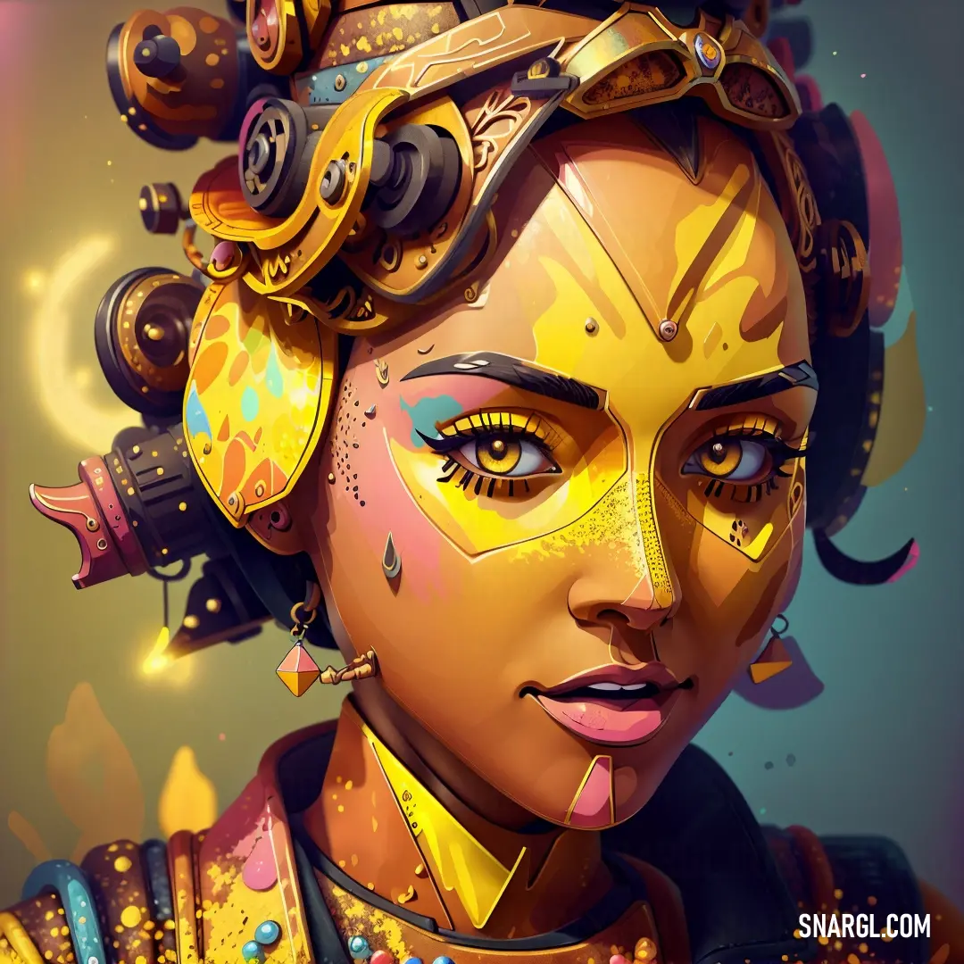 PANTONE 396 color. Digital painting of a woman with a head piece and a gold mask on her face and a gold necklace on her neck
