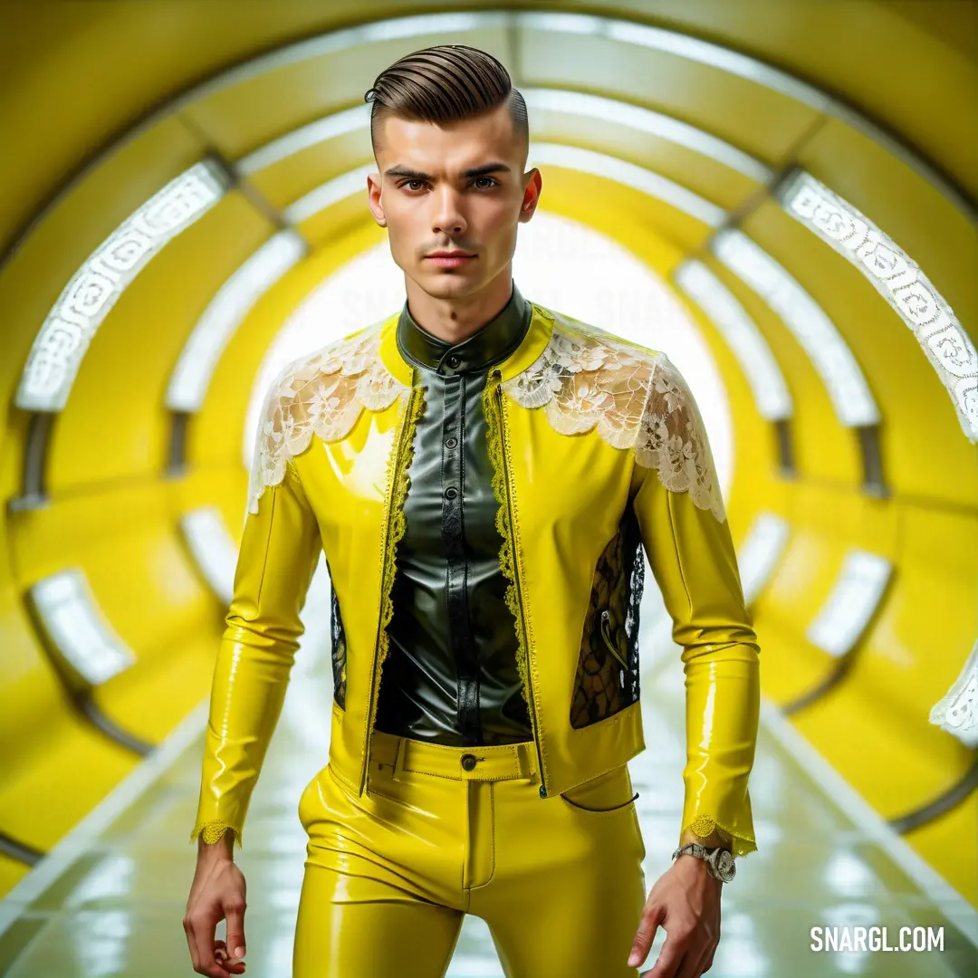 Man in a yellow suit and black shirt standing in a yellow tunnel with a white lace on his shoulder. Example of CMYK 10,0,95,0 color.