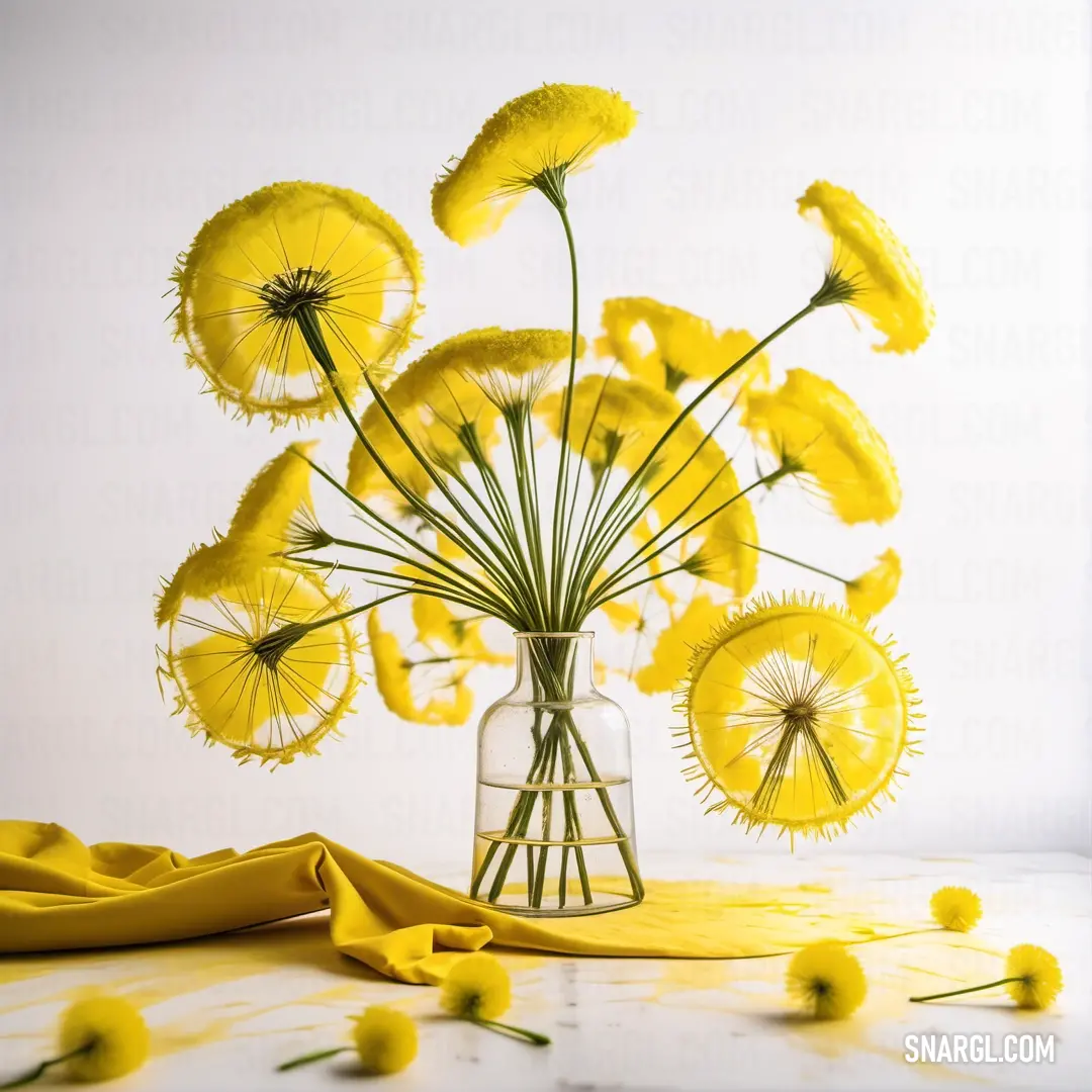 PANTONE 396 color. Vase filled with yellow flowers on top of a table next to a yellow cloth and a banana peel