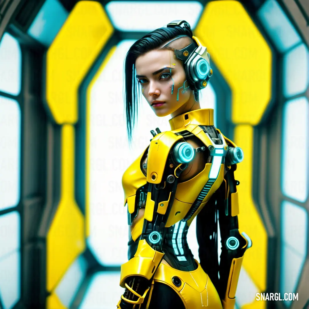 Woman in a yellow suit with headphones on and a sci - fi, Cedric Peyravernay. Example of PANTONE 396 color.