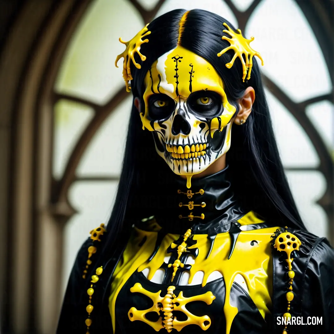 Woman with a skeleton makeup and yellow makeup on her face and chest. Example of #E6DD01 color.