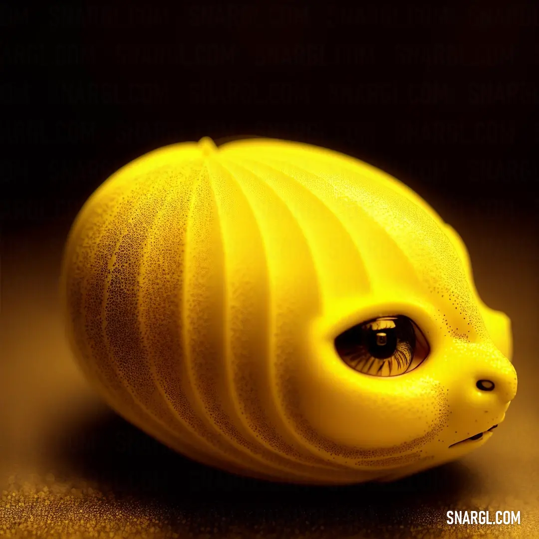 Yellow plastic animal with a large eye and a wavy tail on a table top with a dark background. Example of CMYK 10,0,95,0 color.