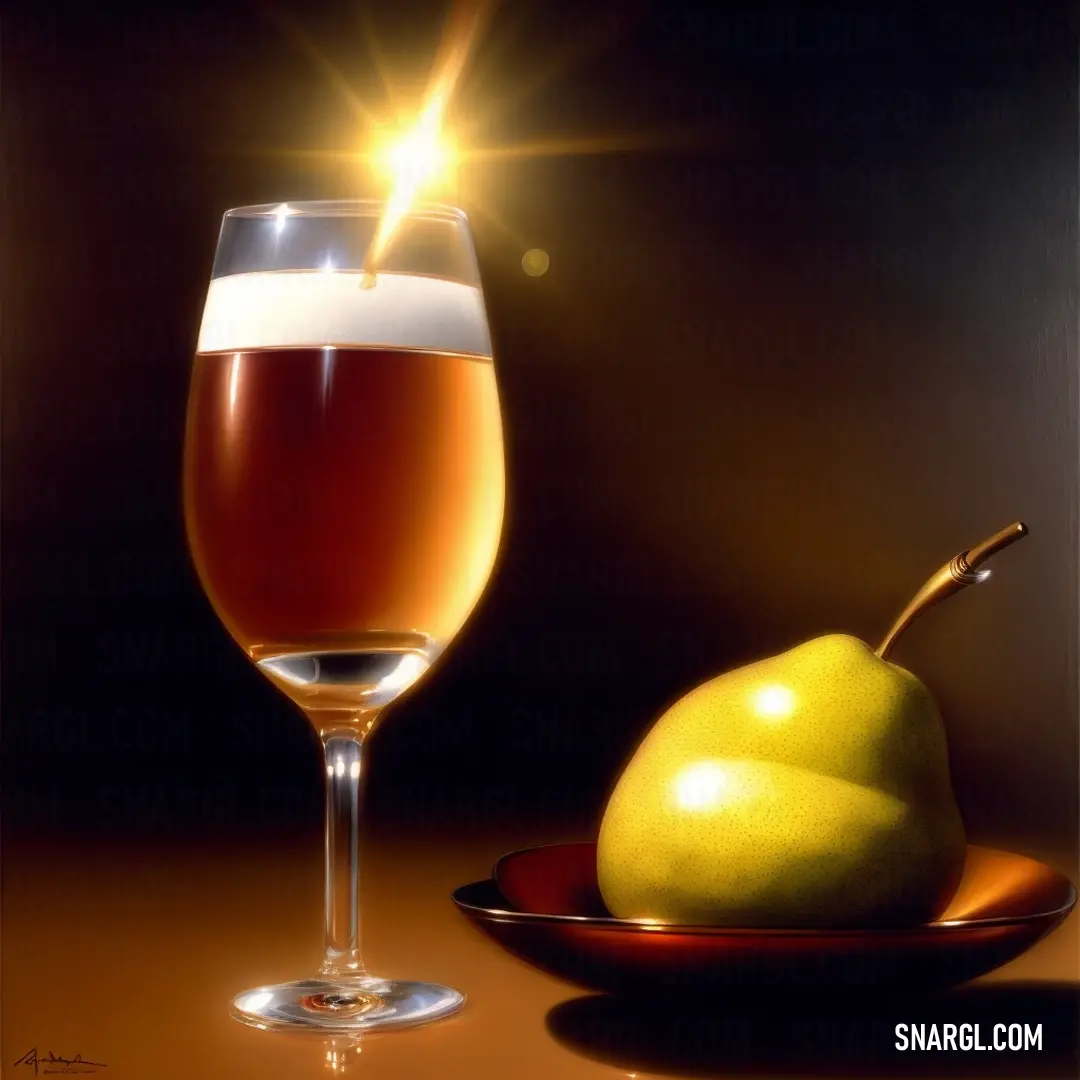 Glass of wine and a pear on a plate on a table with a light shining on it and a dark background. Color #BAA905.