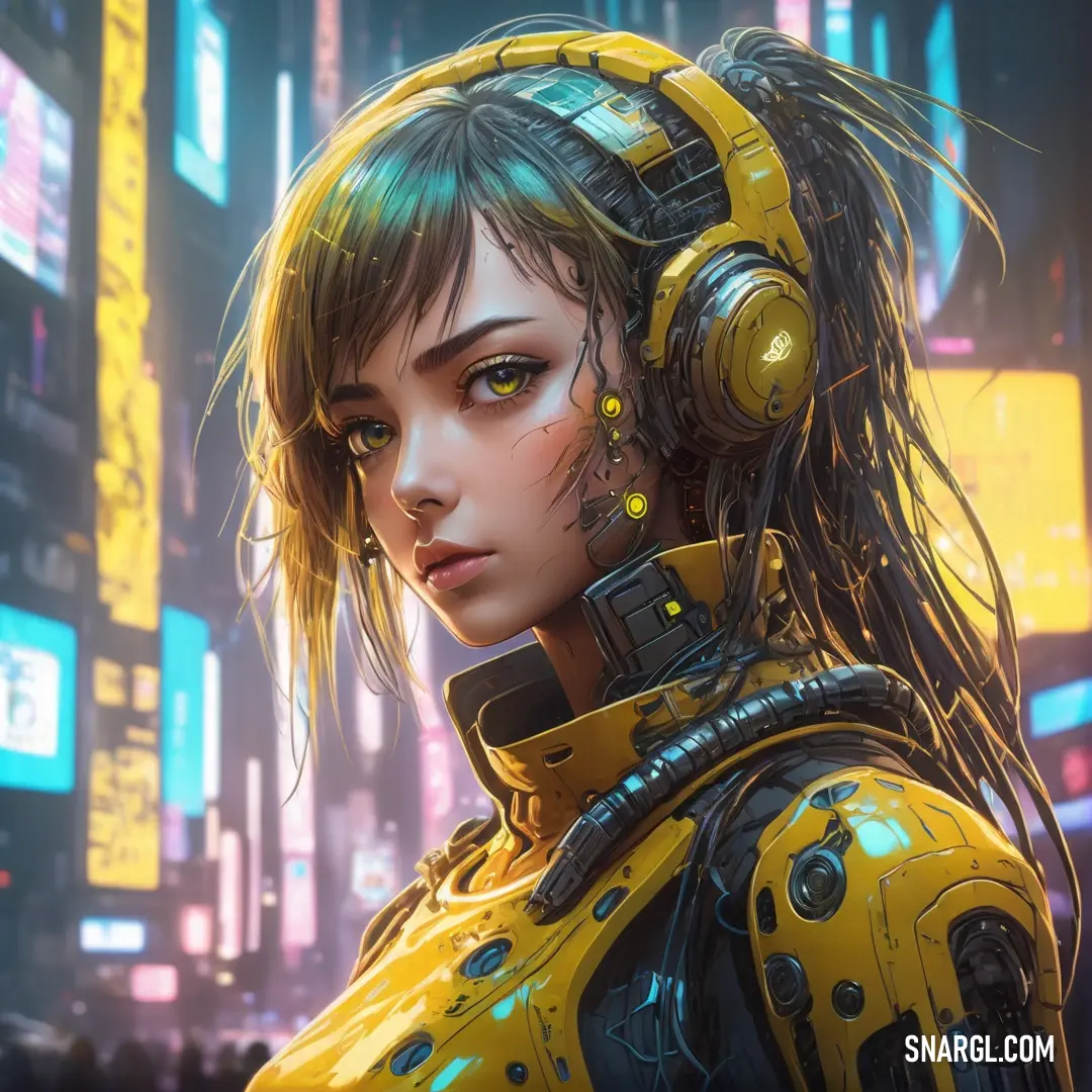 Woman in a futuristic city with headphones on her head and a neon city in the background. Example of PANTONE 3975 color.