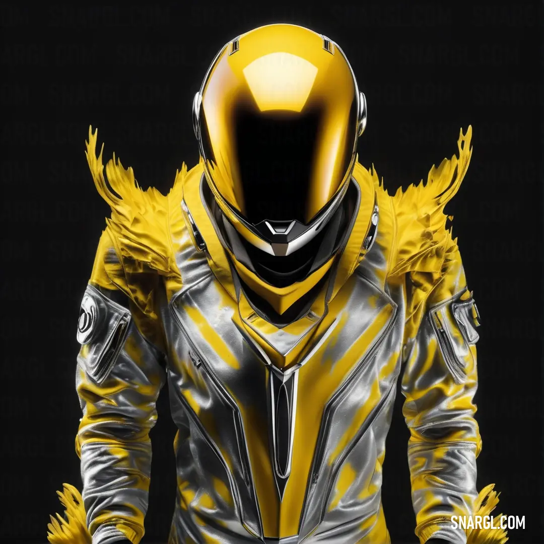 Yellow and silver suit with yellow feathers on it's shoulders and a black background. Color PANTONE 3975.