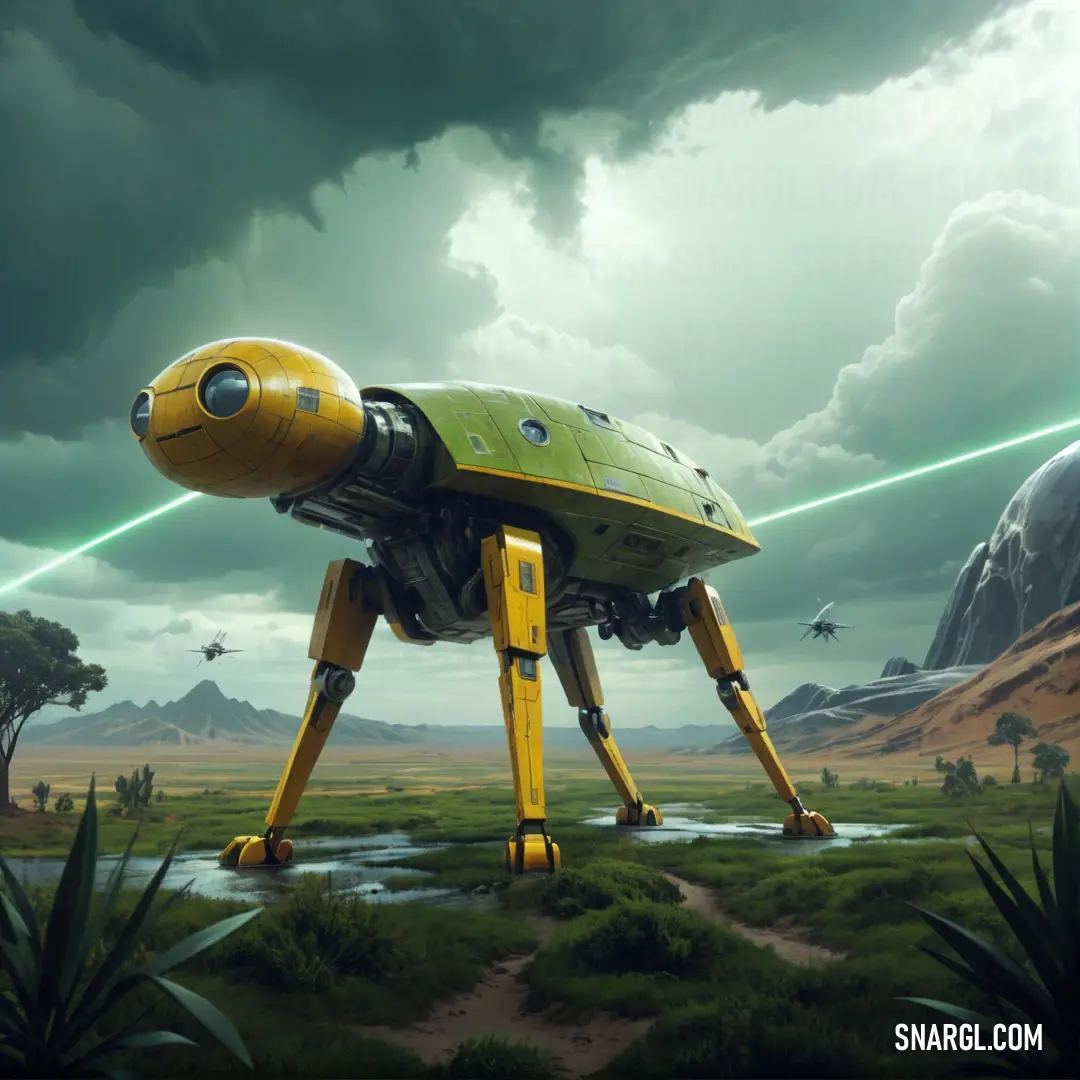 Yellow robot standing in a field with a sky background. Color PANTONE 3975.