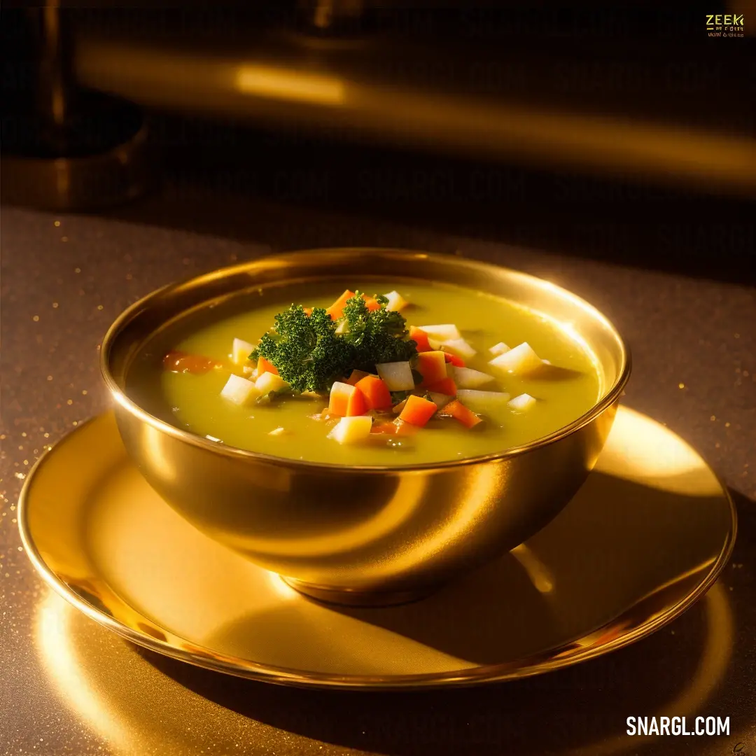 Bowl of soup with vegetables on a gold plate on a table top with a gold plate underneath it. Color CMYK 0,97,71,66.